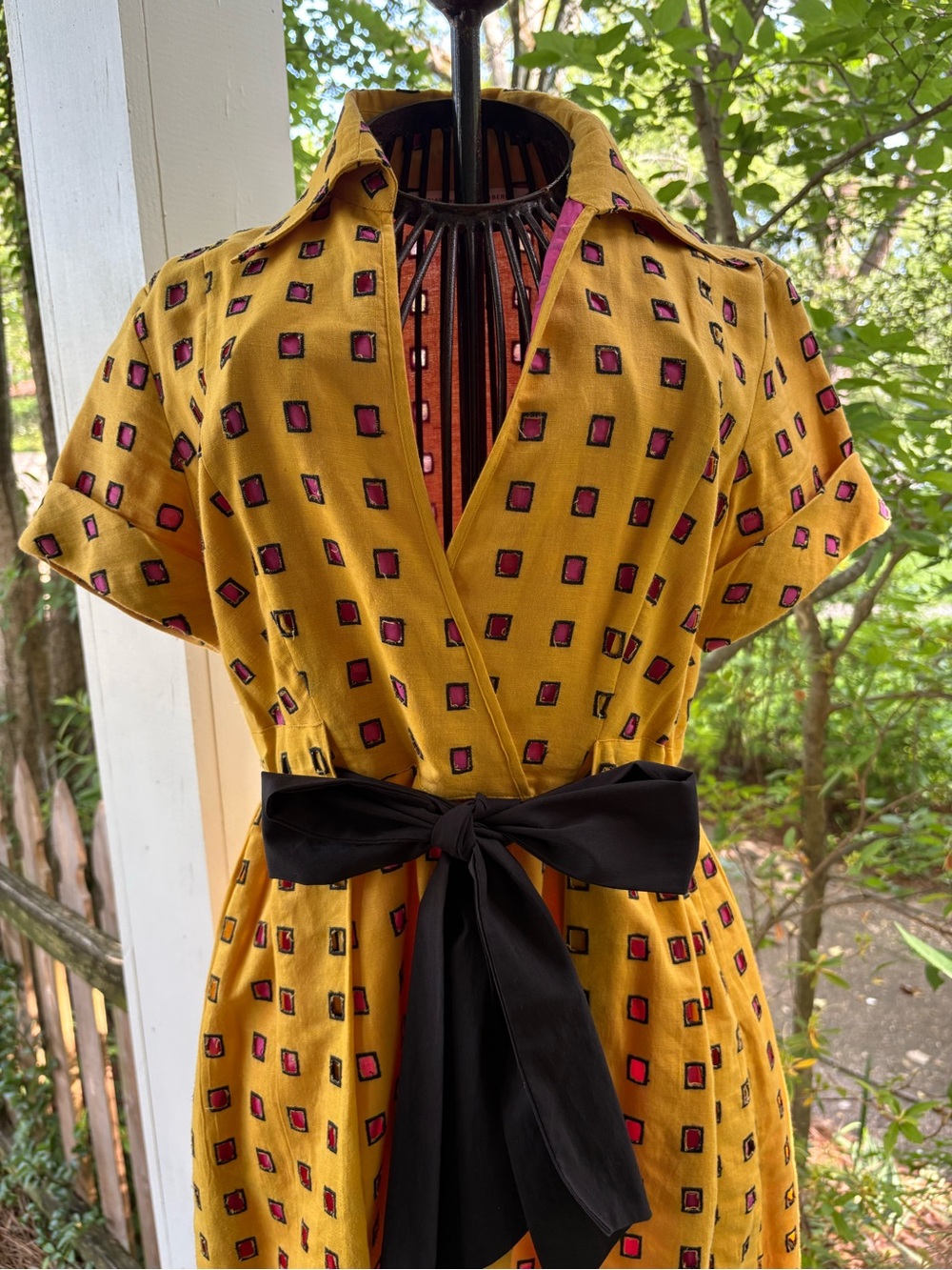 Vintage Linen/Cotton Faux Wrap Dress with Black Waist Tie